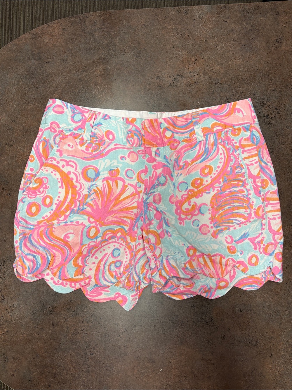Lily Pulitzer Clipper Shorts, Pink & Aqua Paisley with Scalloped hem